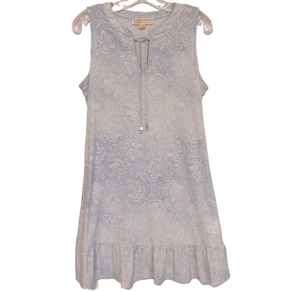 Michael Kors light blue paisley print mini sleeveless dress tie closure M